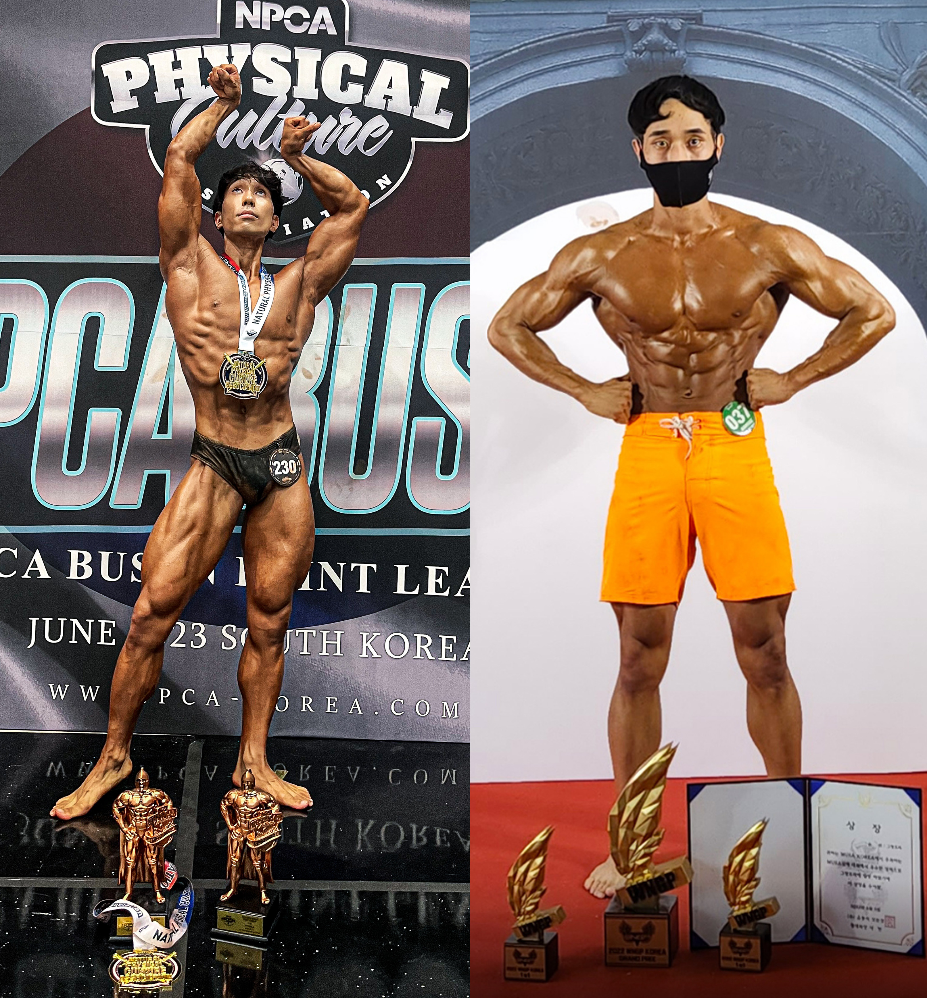 Justin Kim posing at a natural bodybuilding competition